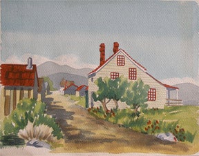 Item #65-0146 Country road with houses. California Watercolor Artist.