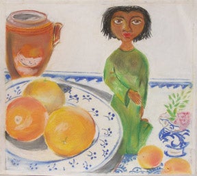 H. Z. - Dark Skinned Woman Kneeling with Large Citrus Fruits
