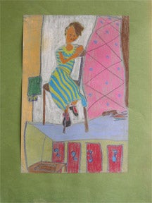 Item #65-0278 Woman in a striped dress in the style of the Bay Area Figurative School. Protégé of David Park.