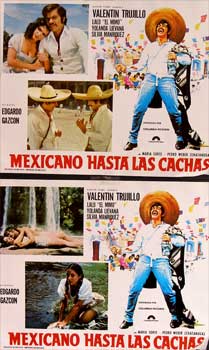 Item #65-0815 Mexicano hasta las cachas. Con Valentín Trujillo, Yolanda Lievana, Silvia Manríquez, María Sorté. (7 tarjetas de vestíbulo de cine, cada con dos fotografías diferentes). Edgardo Gazcón, dir.
