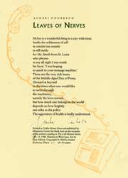 Item #65-1847 Leaves of Nerves. From the Minnesota Center for Book Arts Broadside Suite, 1989 - 90. Andrei Codrescu, Kent Aldrich, Coffee House Press.