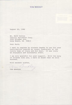 Item #67-0366 TLS from Tom Bradley to Herb Yellin, with reply letter from Yellin to Bradley. Tom...