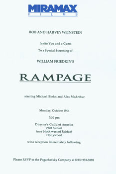 Item #67-0374 Bob and Harvey Weinstein Invite You and a Guest to a Special Screening of William Friedkin's Rampage. Miramax Films.
