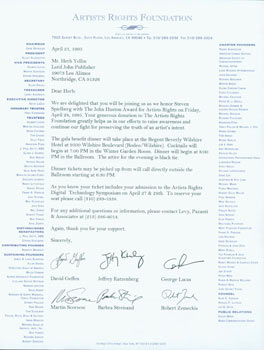 Item #67-0379 The John Huston Award for Artists Rights, April 21, 1995. Artist's Rights Foundation, Jeffrey Katzenberg David Geffen, Barbra Streisand, Martin Scorsese, George Lucas, Robert Zemeckis.