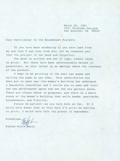 Item #67-0397 TLS from Eloise Klein Healy to Contributors to the Broadsheet Project, March 20,...