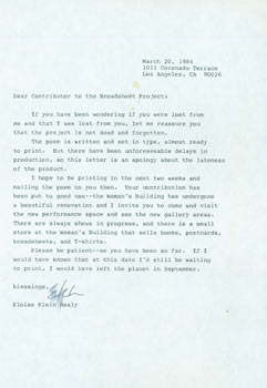 Item #67-0397 TLS from Eloise Klein Healy to Contributors to the Broadsheet Project, March 20, 1984. Eloise Klein Healy.