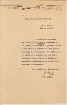 Item #67-0525 Typed letter, signed, from Dr. Alois Robert Böhm to G[ianni] Caproni. Alois Robert...