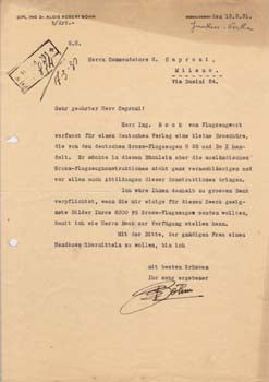 Item #67-0527 Typed letter signed from Dr. Alois Robert Böhm to G[ianni] Caproni. Alois Robert...