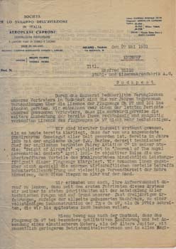 Item #67-0529 Typed letter from Aeroplani Caproni to Manfred Weiss. Aeroplani Caproni
