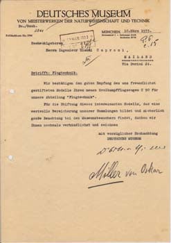Item #67-0538 Typed letter, signed, from Dr. Oskar von Miller to Gianni Caproni. Dr. Oskar Von Miller.