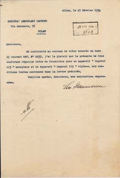 Item #67-0547 Typed letter, signed, from Theo Gassmann to Societa Aeroplani Caproni. Theo Gassman