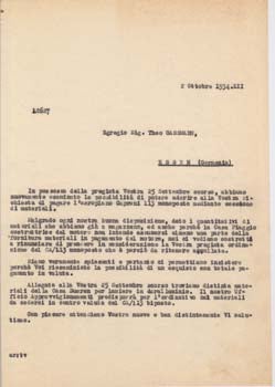 Item #67-0549 Typed letter (draft) from Societa Aeroplani Caproni to Theo Gassmann. Societa Aeroplani Caproni.