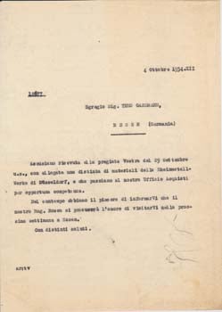 Item #67-0550 Typed letter (draft) from Societa Aeroplani Caproni to Theo Gassmann. Societa Aeroplani Caproni.