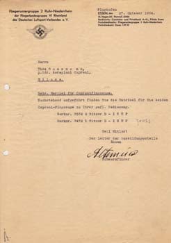 Item #67-0558 Typed letter signed from the Fliegeruntergruppe 2 Ruhr-Niederrhein to Theo Gassmann...