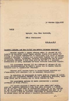 Item #67-0559 Typed letter from Societa Aeroplani Caproni to Theo Gassmann. Societa Aeroplani...