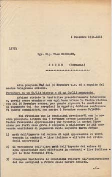 Item #67-0565 Typed letter from the Societa Aeroplani Caproni to Theodore Gassmann. Societa...