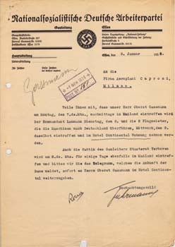Item #67-0577 Typed Letter Signed from Nazi Party Headquarters in Essen to the “Firma Aeroplani...
