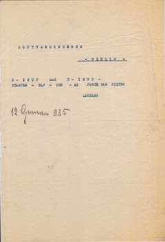 Item #67-0580 Typewritten note, perhaps a copy of a telegram. Laumann, Berlin Luftversicherer