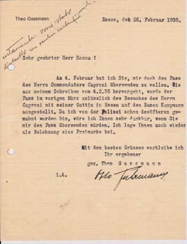 Item #67-0588 Typed Letter Signed from Theo Gassmann to Pietro Rocca, c/o Firma Aeroplani Caproni. Theo Gassmann.
