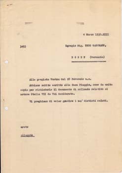 Item #67-0591 Typed letter (draft) from Societa Aeroplani Caproni to Theo Gassmann. Societa Aeroplani Caproni.