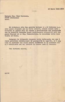 Item #67-0593 Typed letter from Societa Aeroplani Caproni to Theo Gassmann. Societa Aeroplani...