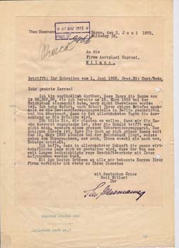 Item #67-0597 Typed letter signed from Theodore Gassman to Firma Aeroplani Caproni. Theo Gassmann