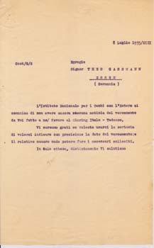 Item #67-0599 Typed letter from Societa Aeroplani Caproni to Theo Gassmann. Societa Aeroplani...