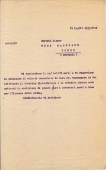 Item #67-0600 Typed letter from Societa Aeroplani Caproni to Theo Gassmann. Societa Aeroplani...