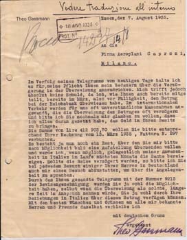 Item #67-0601 Typed letter, signed, from Theo Gassmann to Firma Aeroplani Caproni. Theo Gassmann