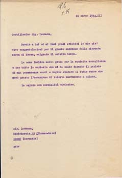 Item #67-0604 Typed letter from Societa Aeroplani Caproni to “Sig. Laumann.”. Societa...
