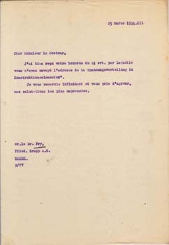Item #67-0605 Typed letter from Societa Aeroplani Caproni to Dr. Fry at Krupp A.G. Societa...