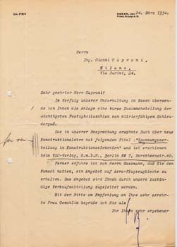 Item #67-0607 Typed letter from Dr. Fry at Krupp A.G. to Gianni Caproni. Fry Dr