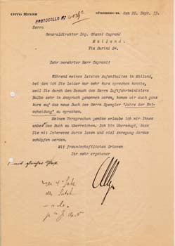 Item #67-0614 Typed letter signed from Otto Meyer to Gianni Caproni. Otto Meyer