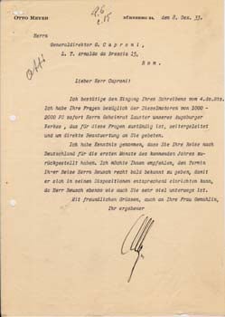 Item #67-0618 Typed letter signed from Otto Meyer to Gianni Caproni. Otto Meyer