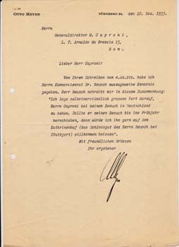 Item #67-0619 Typed letter signed from Otto Meyer to Gianni Caproni. Otto Meyer