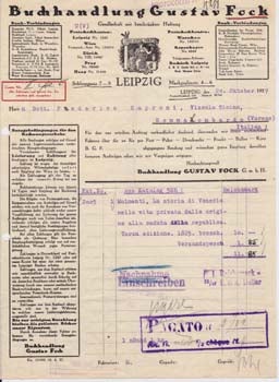 Item #67-0637 Typed invoice from Buchhandlung Gustav Fock to Federico Caproni. Buchhandlung...