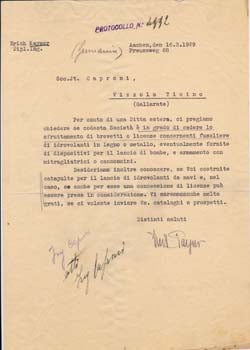Kayser, Erich - Typed Letter, Signed, from Erich Kayser to Societa Aeroplani Caproni