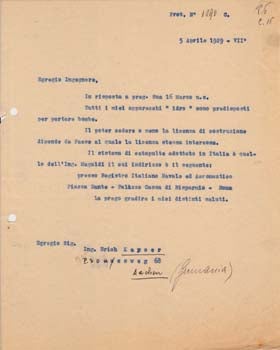 Item #67-0642 Typed letter from Societa Aeroplani Caproni to Erich Kayser. Societa Aeroplani Caproni.