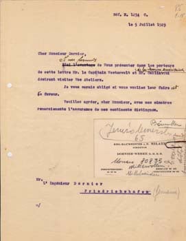 Item #67-0643 Typed letter from Societa Aeroplani Caproni to Monsieur Dornier. Societa Aeroplani Caproni.