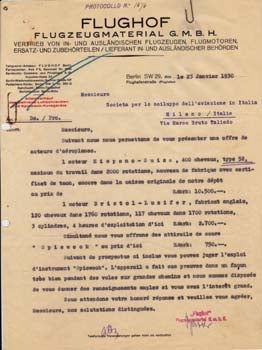 Item #67-0644 Typed letter, signed, from Flughof Flugzeugmaterial G.M.B.H., Berlin, Germany, to ...