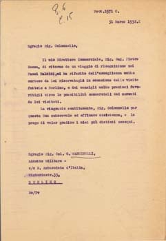 Item #67-0645 Typed letter from Societa Aeroplani Caproni, to Colonel G. Mancinelli, Military...