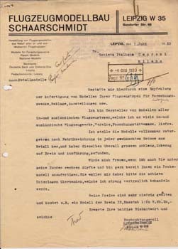 Item #67-0647 Typed letter signed from Flugzeugmodellbau Schaarschmidt to Societa italiana...