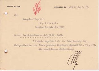 Item #67-0648 Typed letter signed, from Otto Meyer to Aeroplani Caproni. Otto Meyer