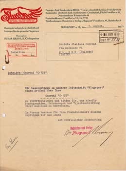 Item #67-0649 Typed letter signed, from Oskar Ursinus, Redaktion und Verlag Flugsport to Societa...