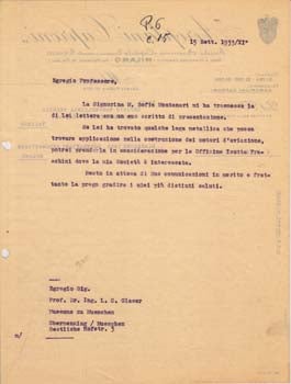 Item #67-0652 Typed letter from Aeroplani Caproni to Dr. L. C. Glaser. Aeroplani Caproni.