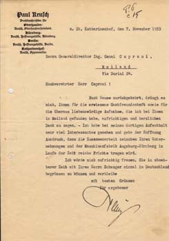 Item #67-0653 Typed letter signed from Paul Reusch to “Ganni” (sic) Caproni. Paul Reusch