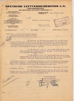 Item #67-0657 Typed letter signed from Deutsche Luftversicherungs A.G. to Aeroplani Caproni....