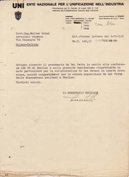 Item #67-0659 Typed letter signed from UNI: Ente Nazionale per l’Unificazione nell’Industria...