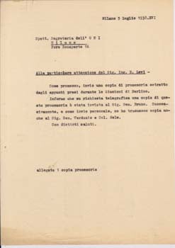 Item #67-0662 Typed letter from Aeroplani Caproni to E. Levi, Secretary of UNI. Aeroplani Caproni