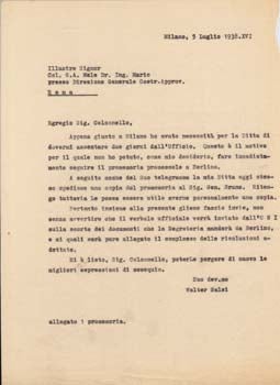 Aeroplani Caproni - Typed Letter (Draft) from Walter Salsi, Milan, Italy to Colonello G.A. Mele